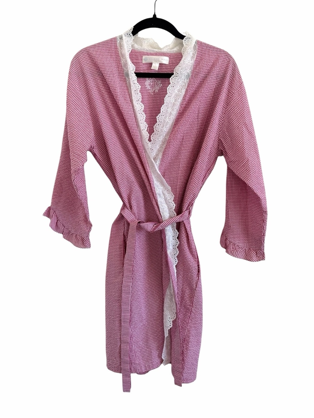Eileen West Pink Gingham Seersucker Lace-Trim Cotton Robe